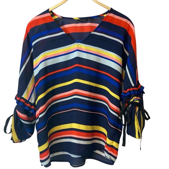 Halogen Rainbow Striped Lightweight Dark Blue 3/4 Tie Sleeves V-Neck Blouse Top - Picture 1 of 7